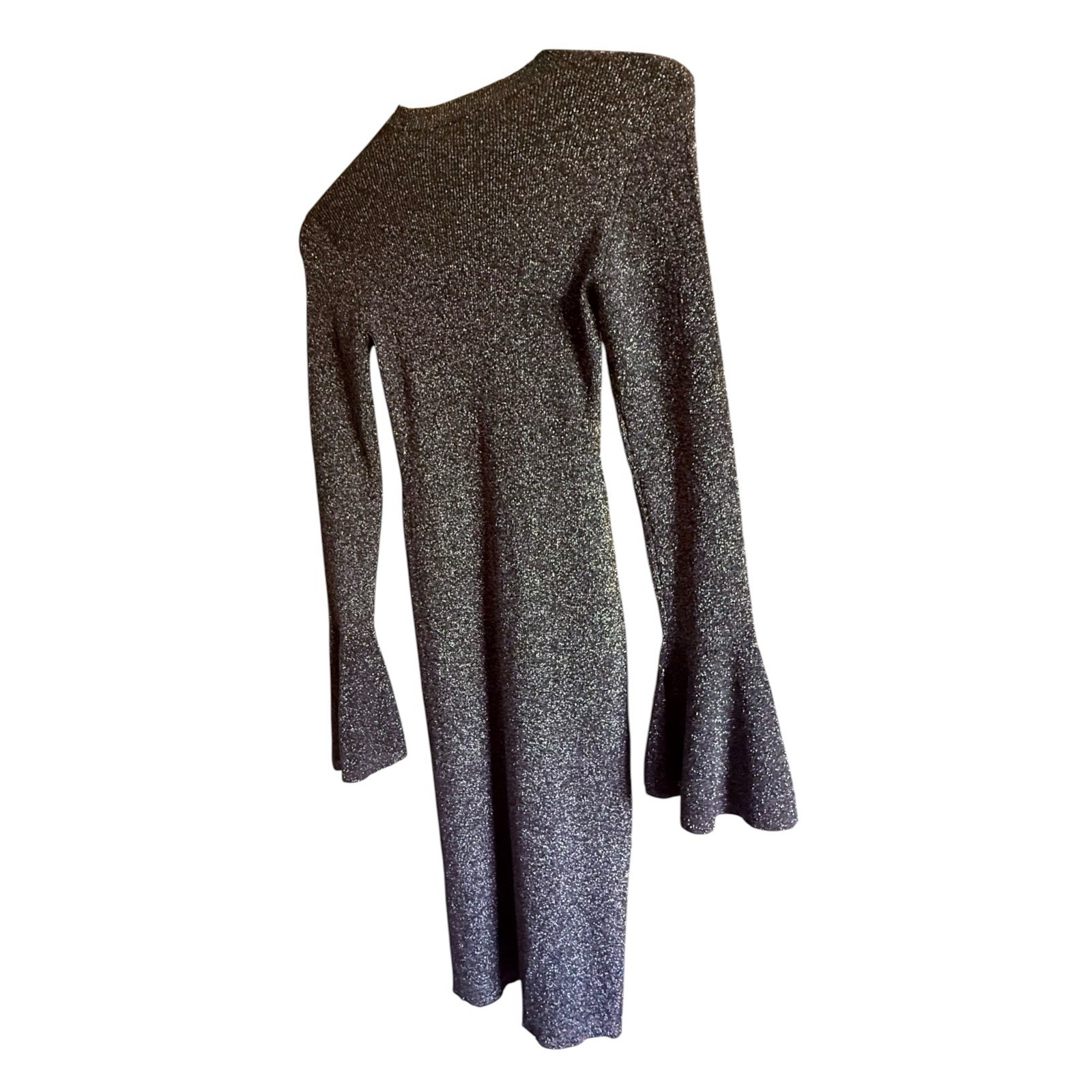 NWT FRAME Godet Lurex Metallic Ribbed Knit Bell Sleeve Midi Dress Size M $498