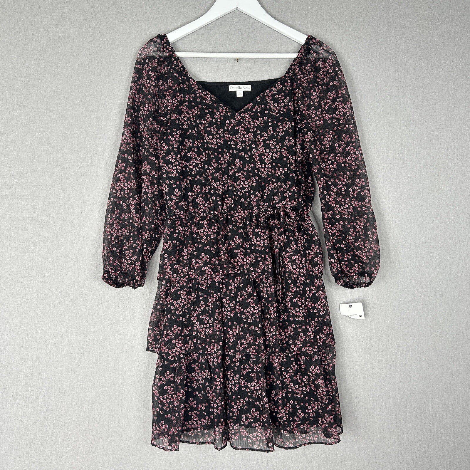 Ophelia Roe Womens Dress Small Black Tiered Ruffle Babydoll Floral Feminine Boho