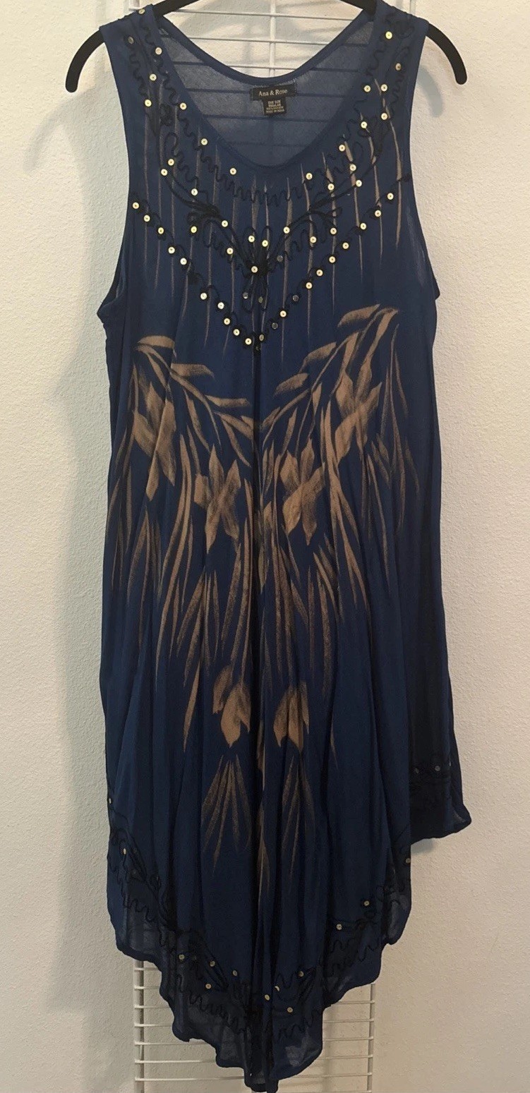 Ana & Rose Dress Womens One Size Navy Blue Embellished Handkerchief Hem Boho