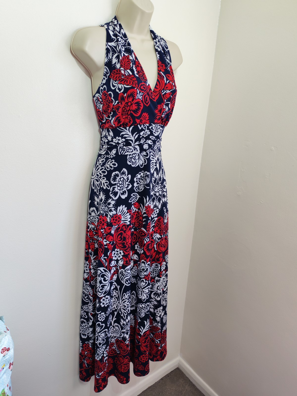 Precis navy blue red floral print slinky long maxi dress L 14 summer holiday