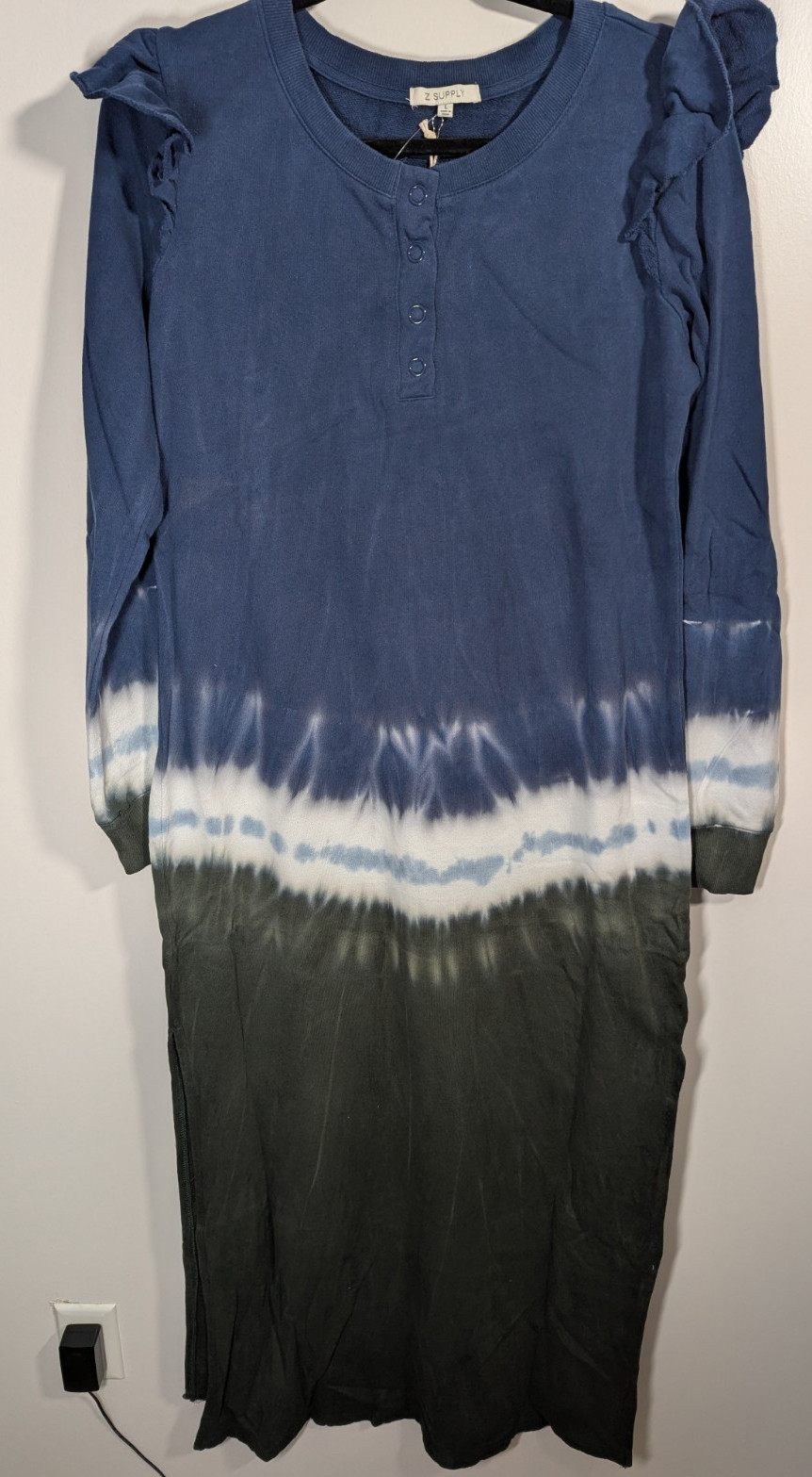 Z Supply Women’s Size Large Blue Green Cotton Long Sleeve Maxi Sweatshirt Dress
