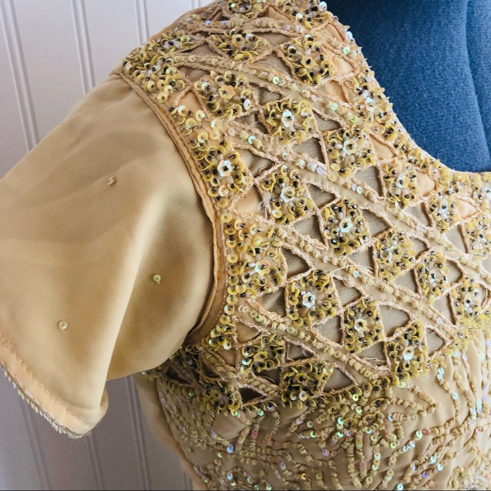 Vintage Yellow ButterCup Sequin Beaded Tunic Top Indian Dress Rhinestones Fancy