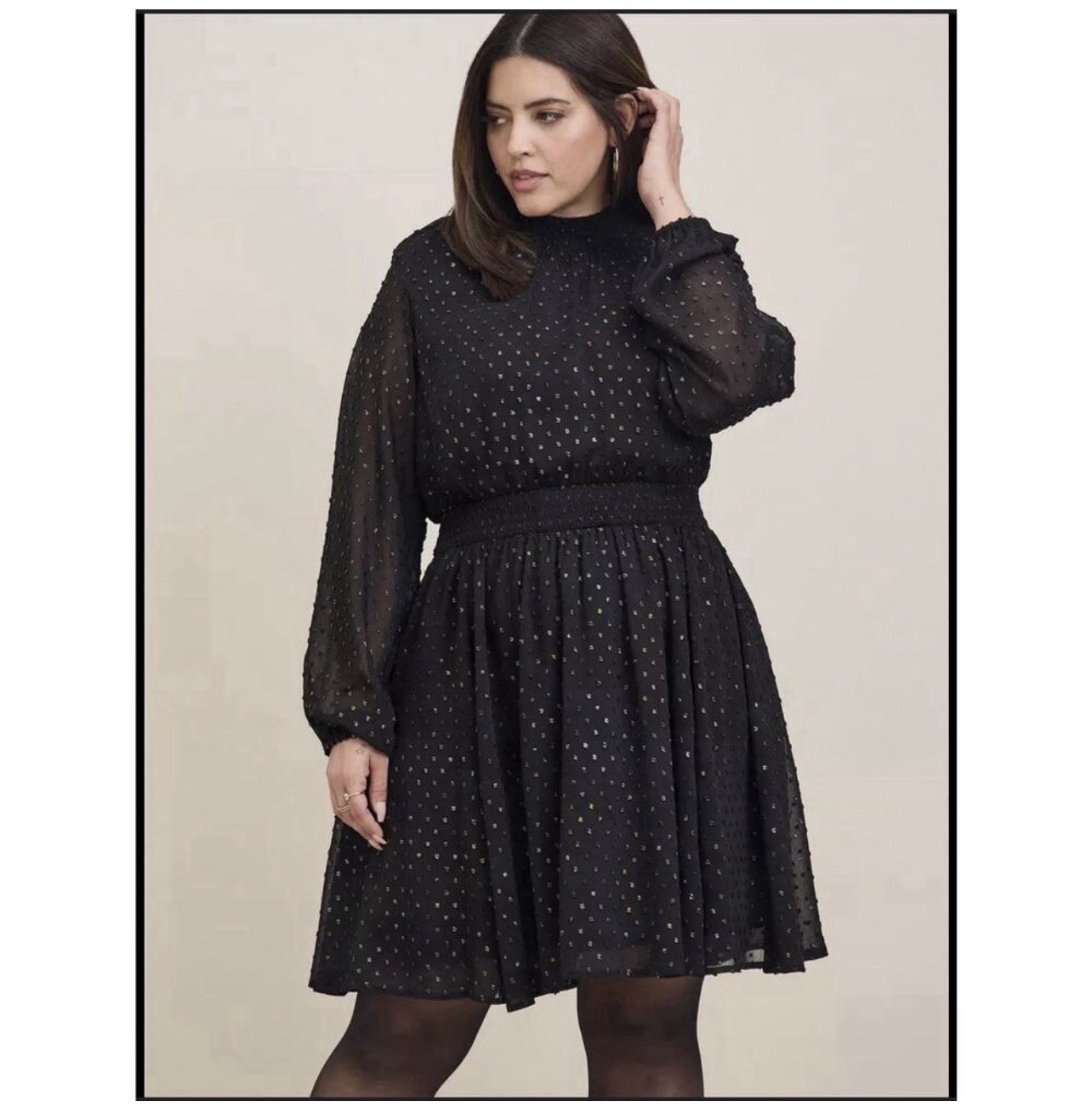 Torrid Plus Sz 2 Black Chiffon Metallic Polka Dot Smocked Fit & Flare Dress