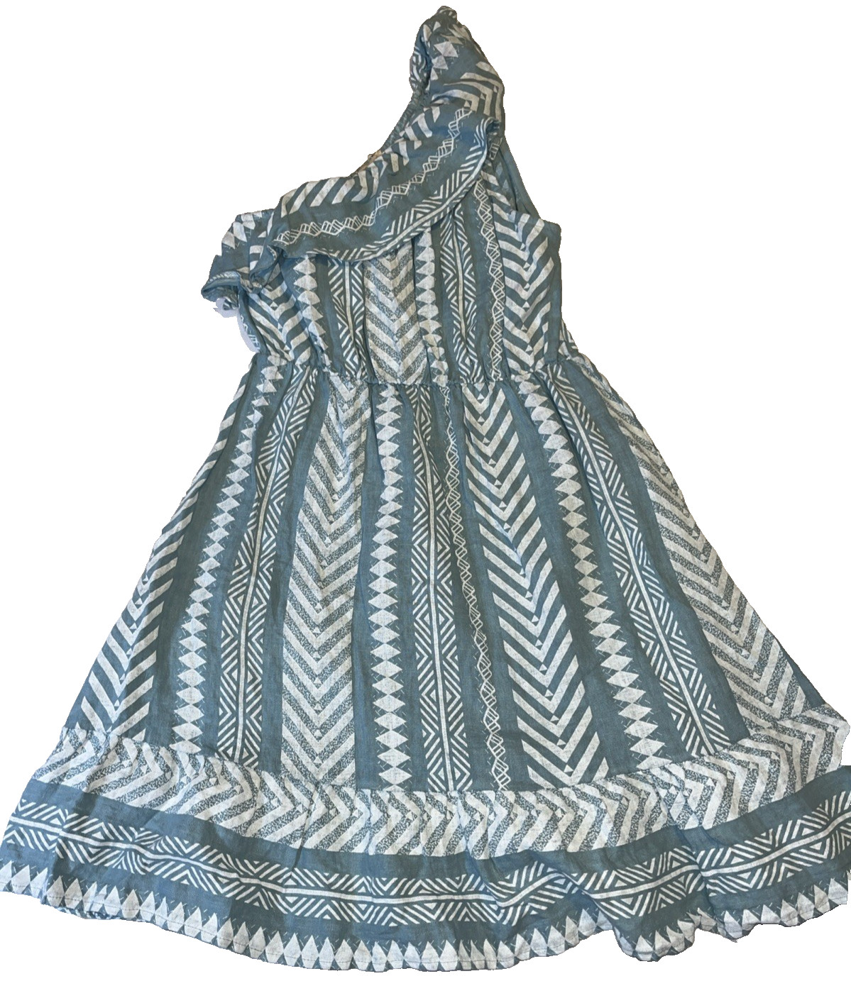 Valentina Naldi Large Italy Ruffle Trim One Shoulder Linen Dress Blue Boho