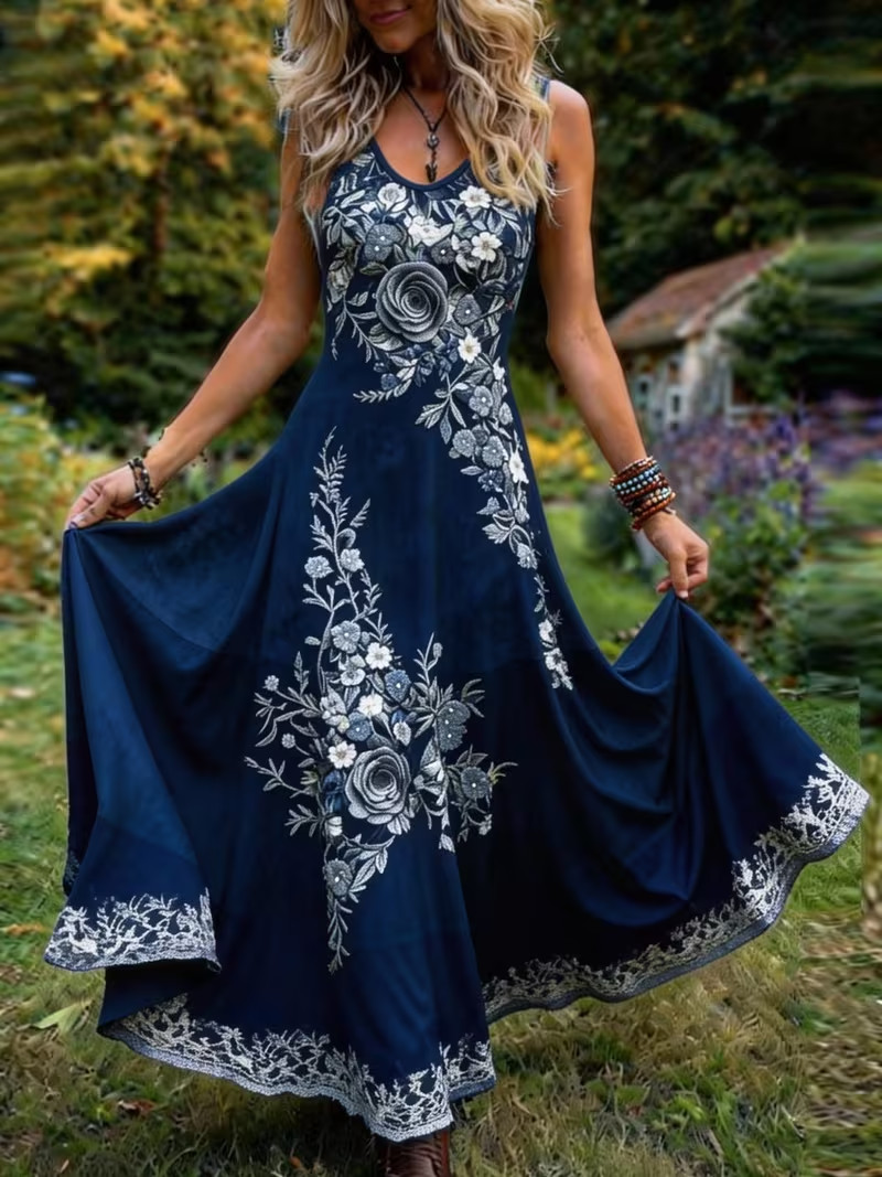 Boho Vintage Lavender Floral Print Plus Size Elegant Dress
