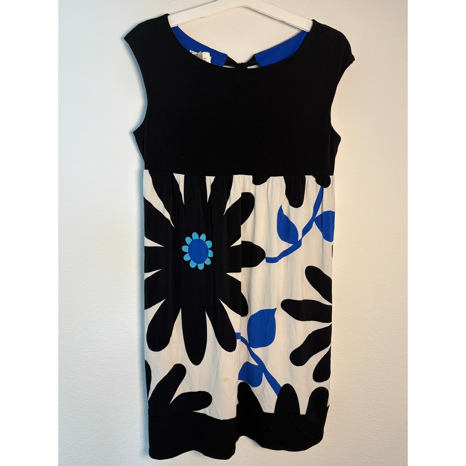 London Times Floral Empire Waist Dress Black White Blue Keyhole Back Size 12