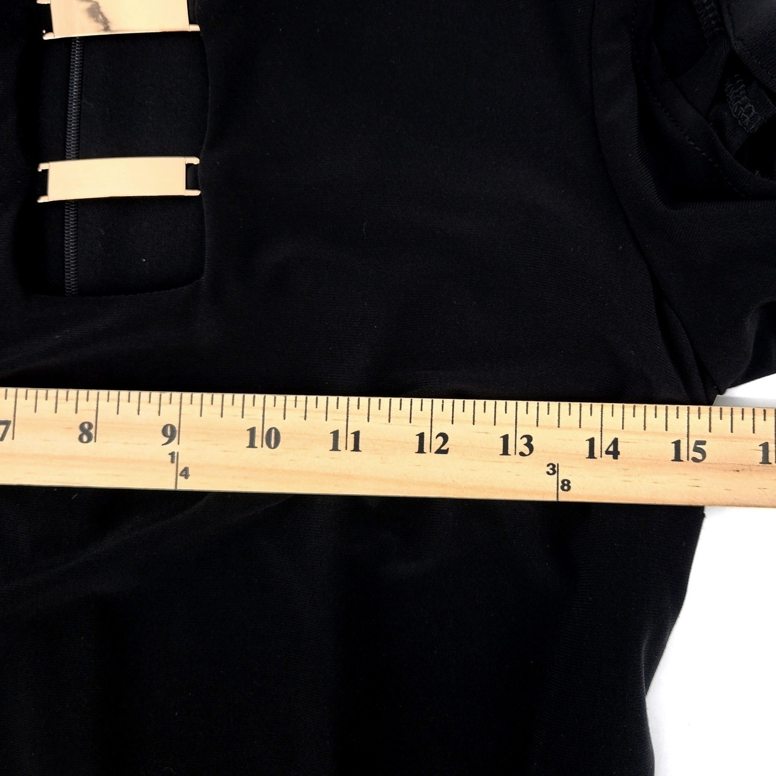 Joseph Ribkoff Black Sheath Dress Size 4 Cutout Neck Gold Detail 3/4 sleeve