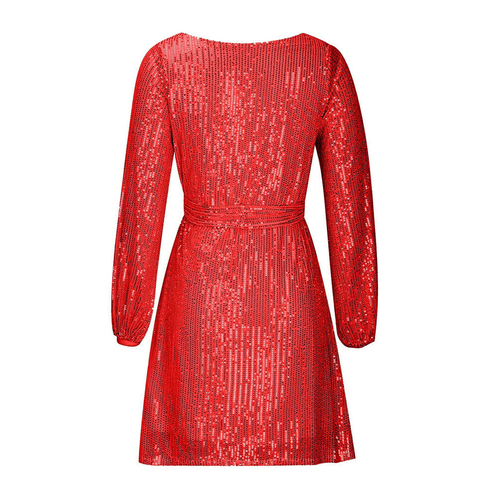 Women Sexy Sequin Shiny Long Sleeve Bodycon Mini Dress Ladies Evening Party Gown