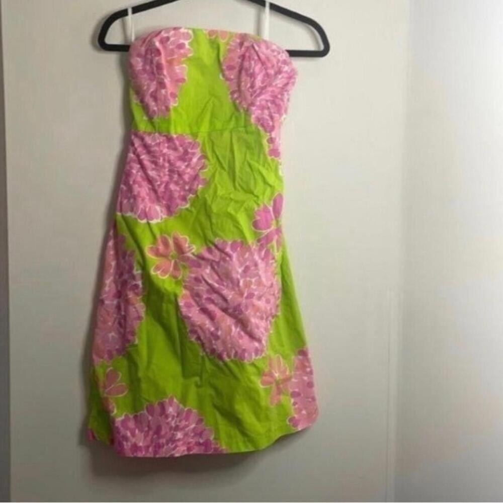 ✅Lilly Pulitzer Green Strapless Dress Pink Floral and Cut Out Back