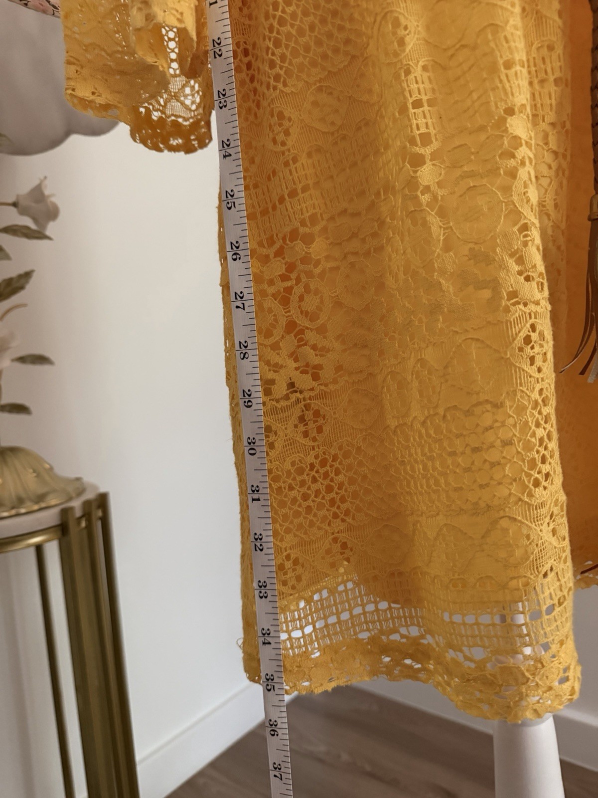Yellow Solid Lace Shift Knee Length Dress Boat Neck 3/4 Sleeve Belt One Size