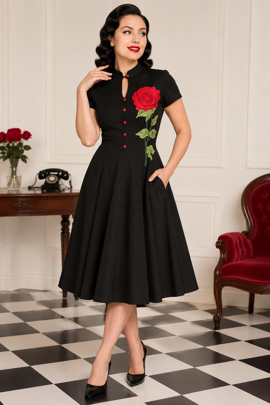 Unique Vintage Dress Womens M Black Fit Flare Red Rose Embroidered Rockabilly