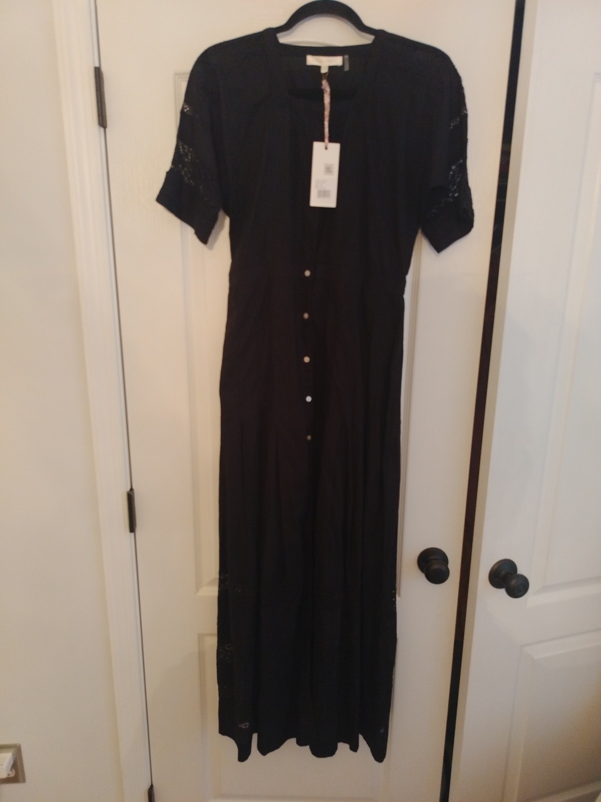 LoveShackFancy Edie Black Cotton Poplin Lace Button Front Midi Dress Tiered Sz M