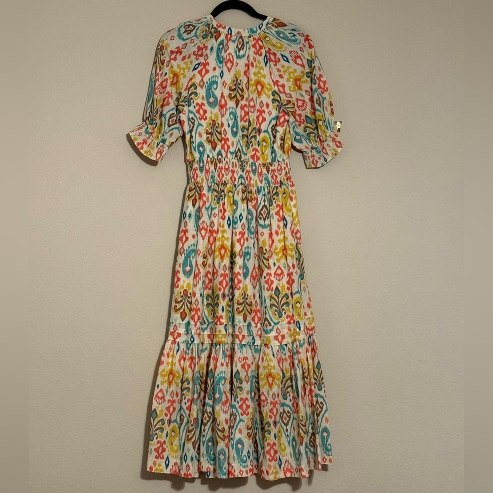 Anthropologie Ikat Print Smocked Midi Dress XS Boho Tiered