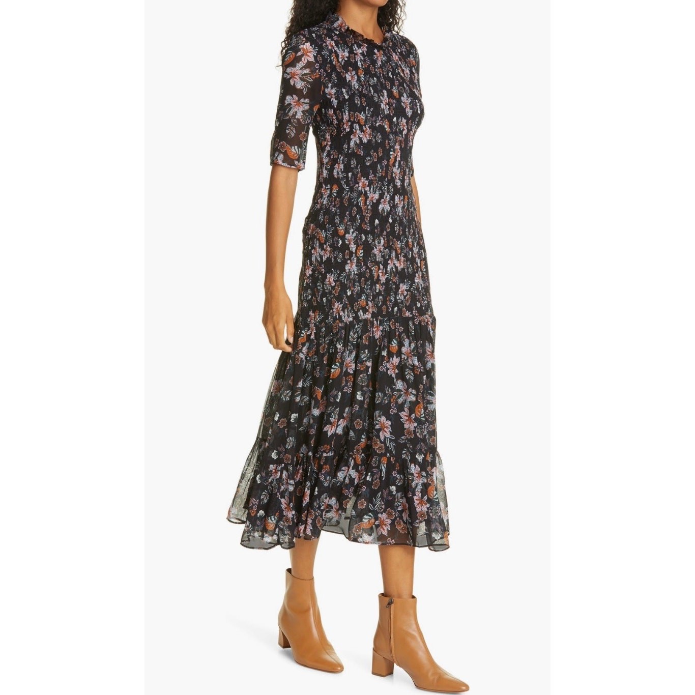 Veronica Beard Gabi Black Floral Chiffon Drop Waist Smocked Midi Dress SIZE 6