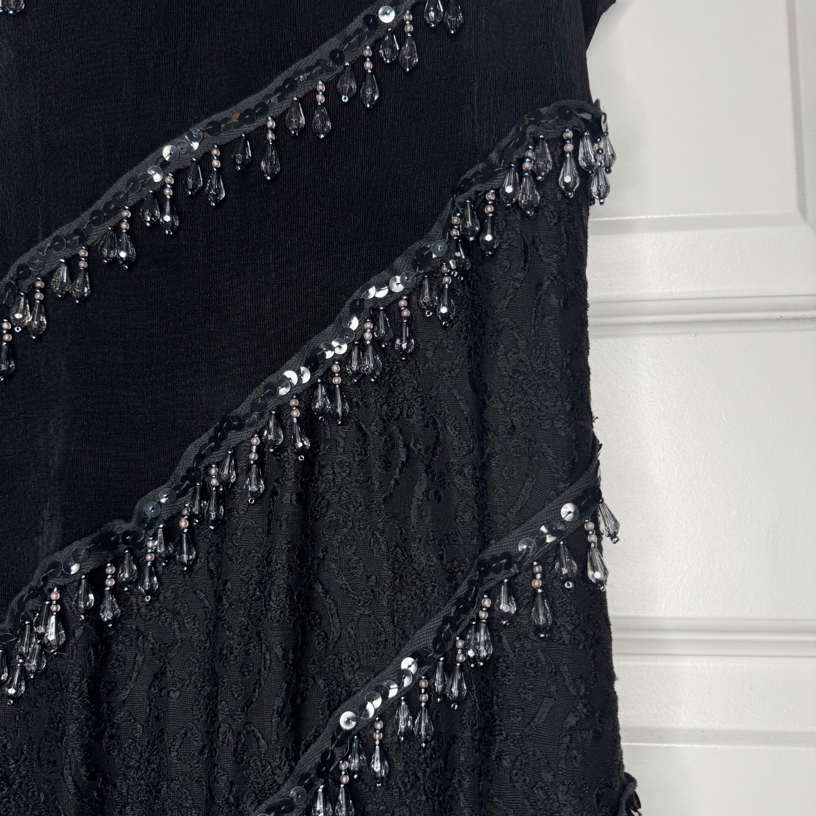 VTG Beaded Fringe Mini Dress Black with Lace Detailing Scoop Neck Sz Small