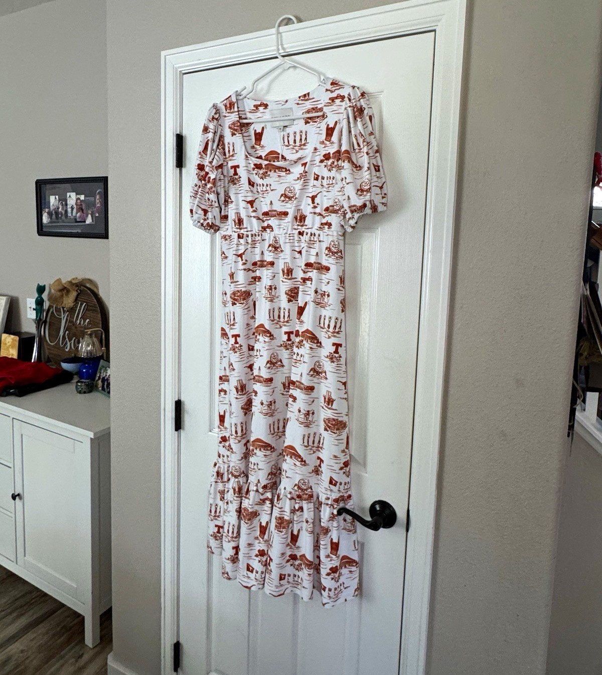 Smith & Quinn XL White/Orange Graphic Midi Dress Square Neck Puff Sleeve Ruffle