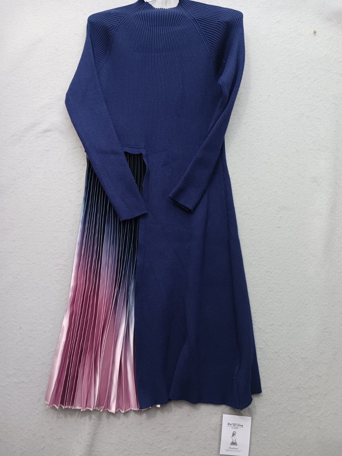 WeiYiJing Midi Dress L Navy Blue Pink Gradient Pleated Mock Neck Casual Party