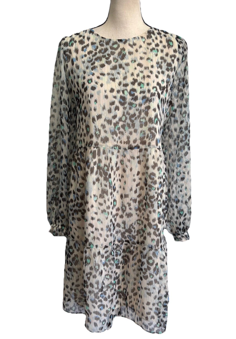 Ann Taylor Loft Shift Dress Gray Blue Green Animal Print Lined Lightweight Large