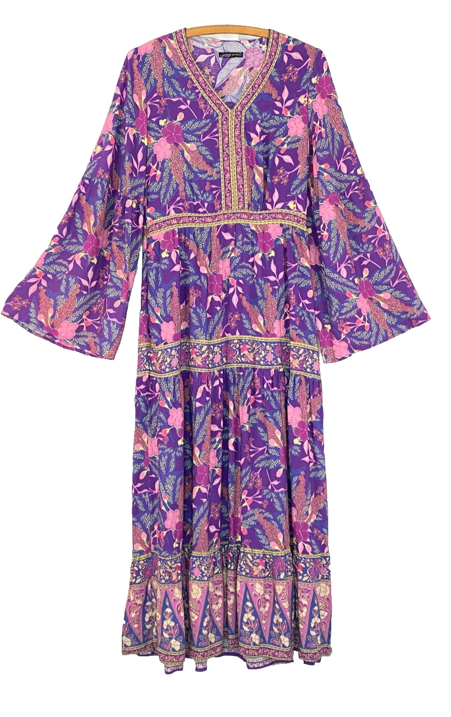Pink purple bell sleeve maxi dress M LANCE CADE long novelty print birds boho