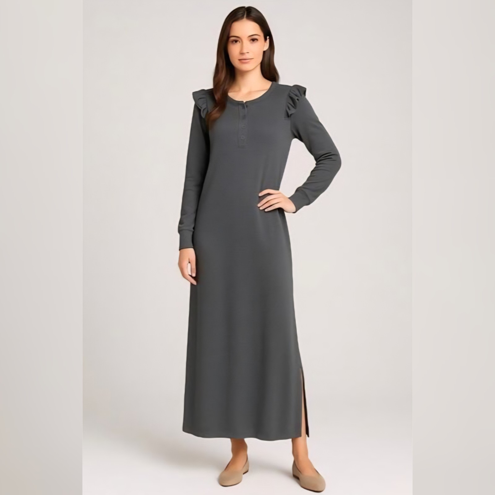 NEW Z Supply – XS Women’s Ruffle Maxi Dress Charcoal Gray Cotton Lounge