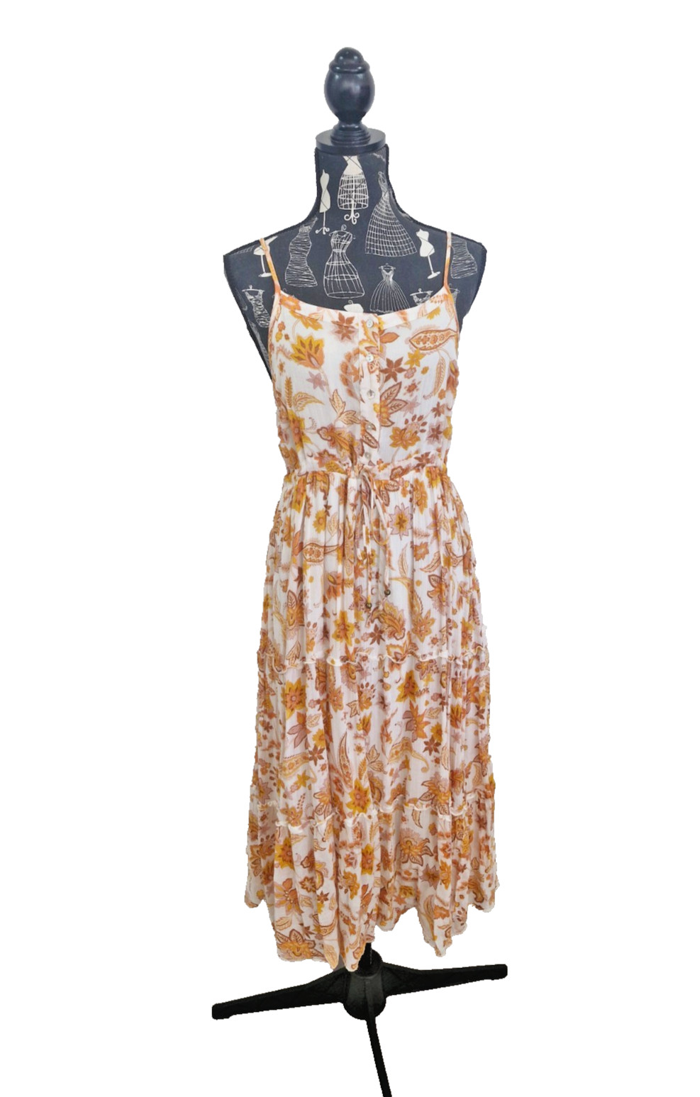 Ghanda Cotton Midi Dress Womens S White Orange Floral Button Tie Waist