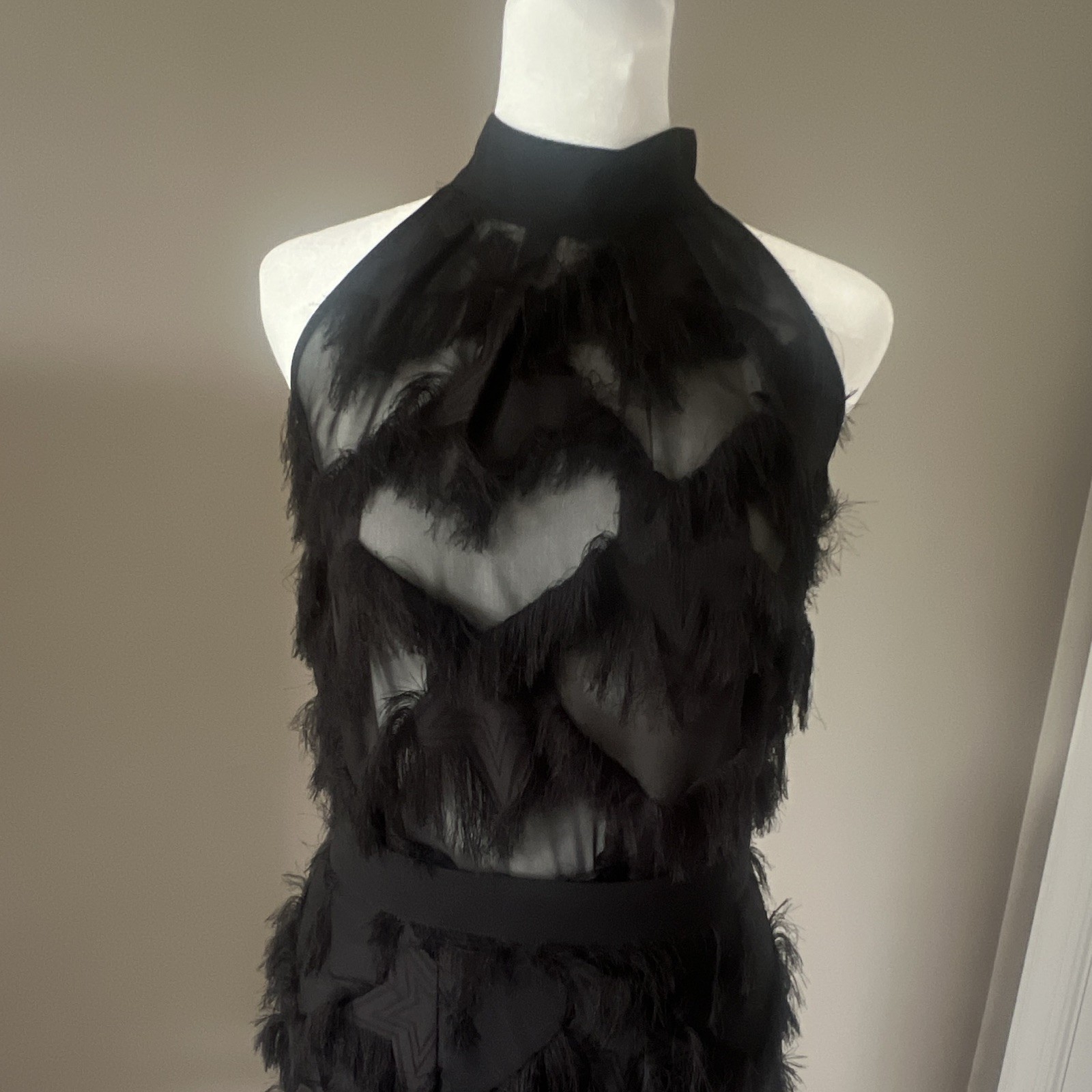 Marella Gattini Black Sheer Mesh Fringe Long Pencil Skirt High Rise 4