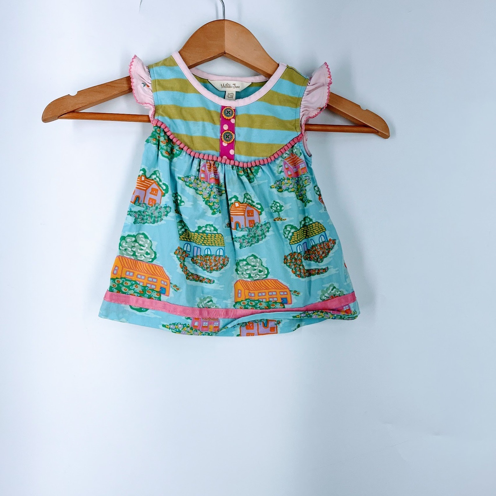 Matilda Jane 18-24M Baby Girl House Print Striped Pom Pom Flutter Sleeve Dress