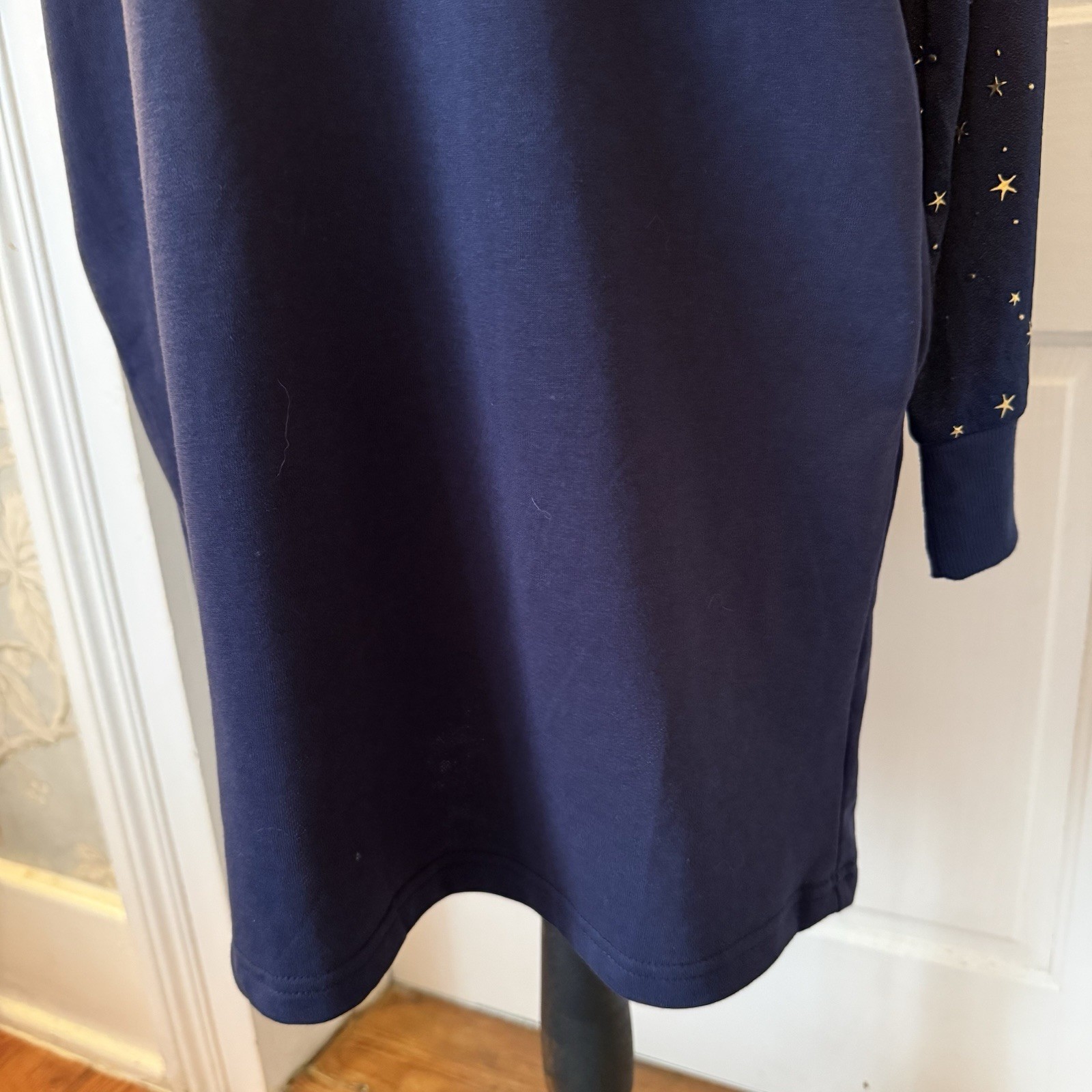 Umgee Midnight Blue Knit Star Print Balloon Sleeve Crew Neck Shift Dress S