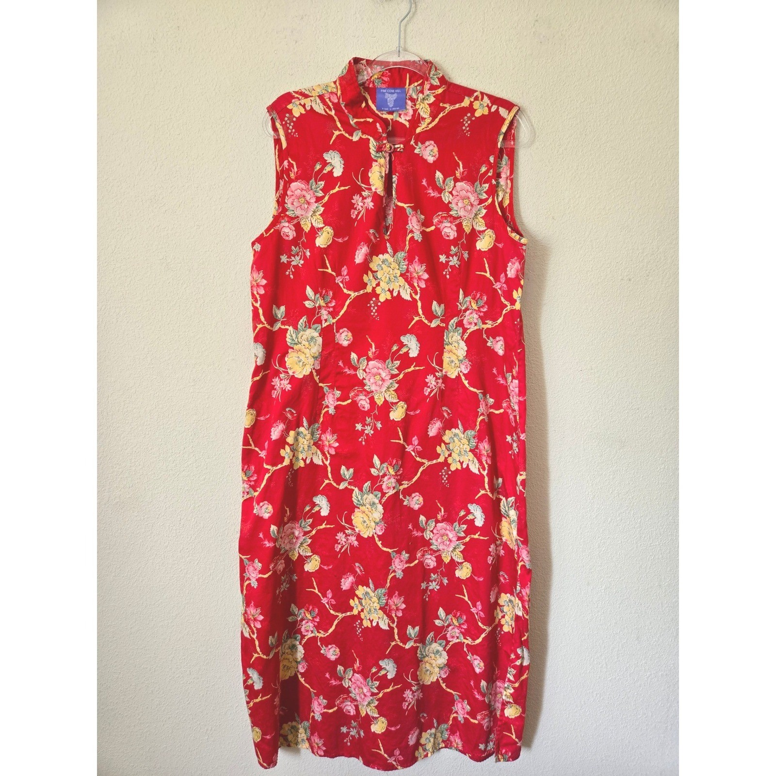 Pine Cone Hill Red Floral 100% Cotton Sleeveless Mandarin Collar Maxi Dress XL