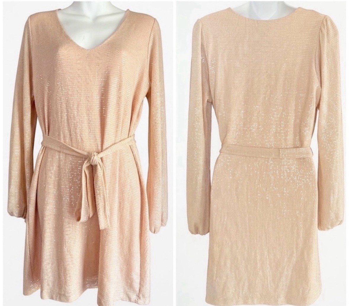 Veronica M Peach V-Neck Long Sleeve Balloon Tie Waist Mini Dress S