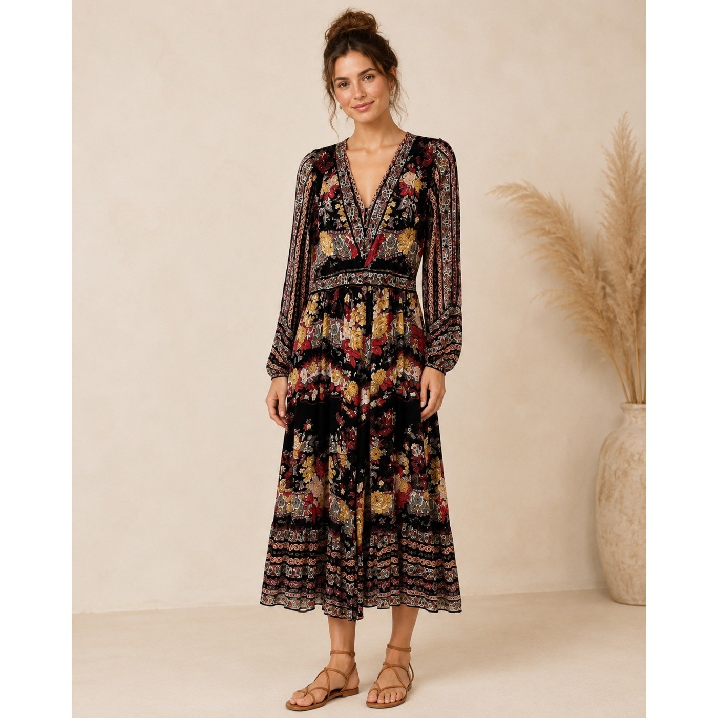 by Anthropologie Floral Paisley Maxi Dress Black Womens SP Boho Hippie Pockets