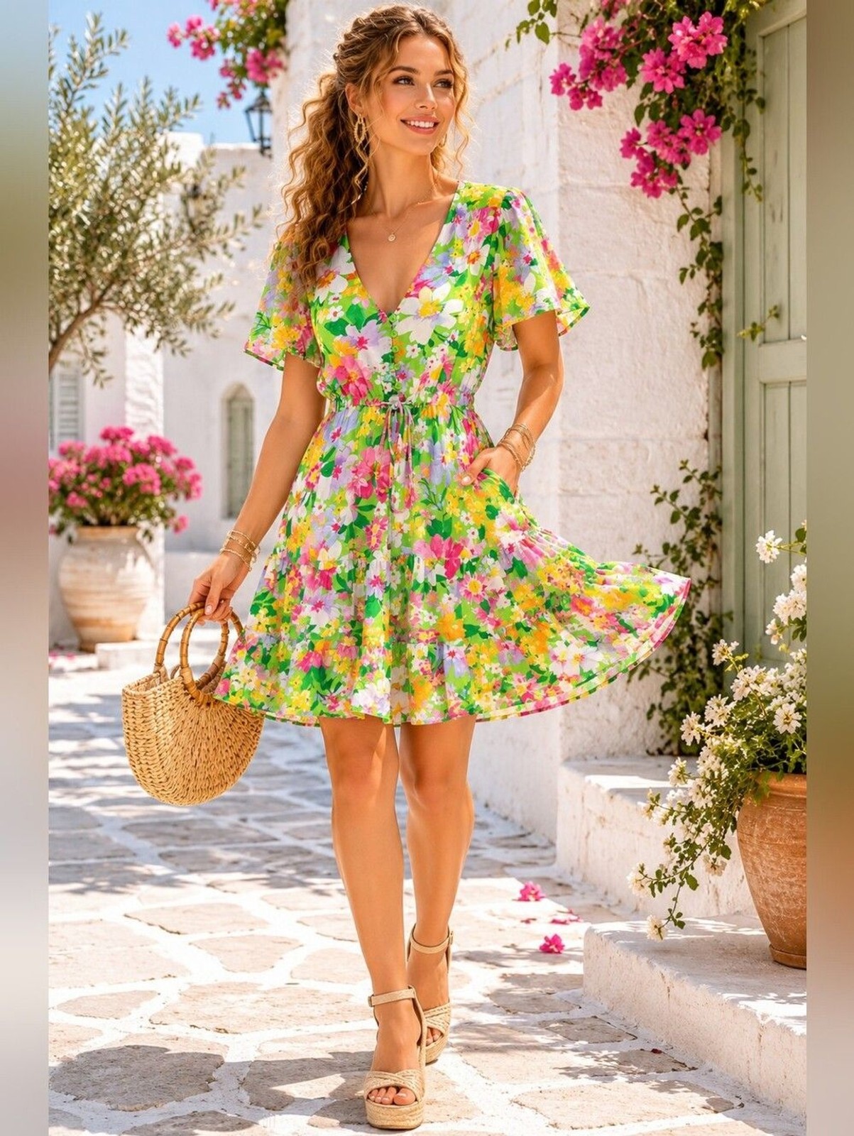 Proud Poppy Charlie Green Floral Mini Dress Size 6 Boho Romantic Cottagecore