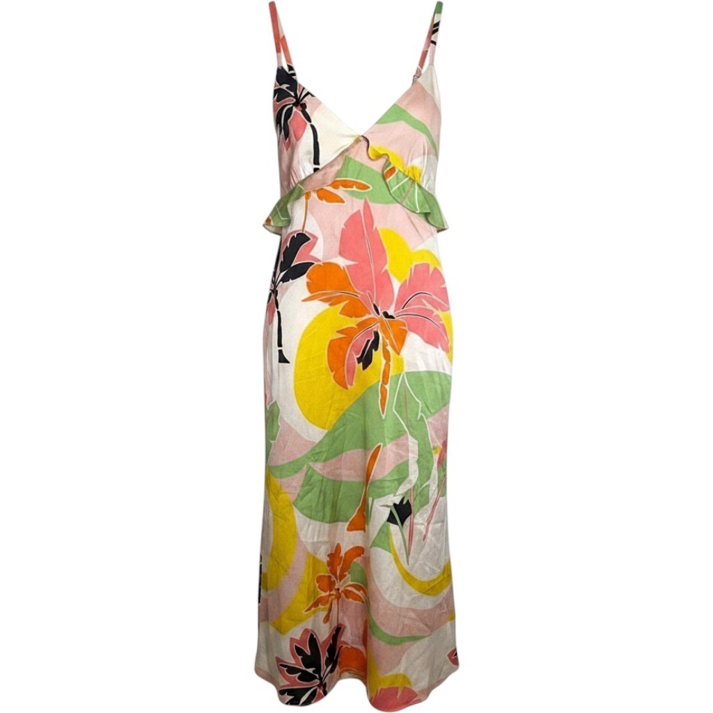 NFD Palm Hannah Dress Beachy Floral Slip Midi Tropical Ruffle Dopamine Dressing