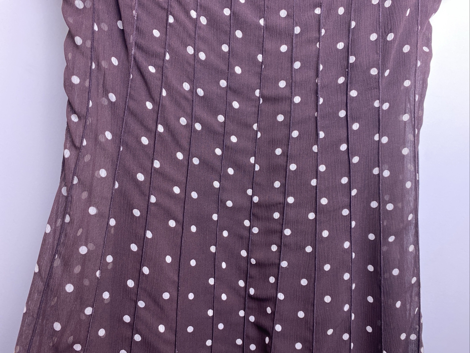 Brown White Polka Dot Sheer Lined Sleeveless Ruffle Dress Sz 12 Pretty Woman