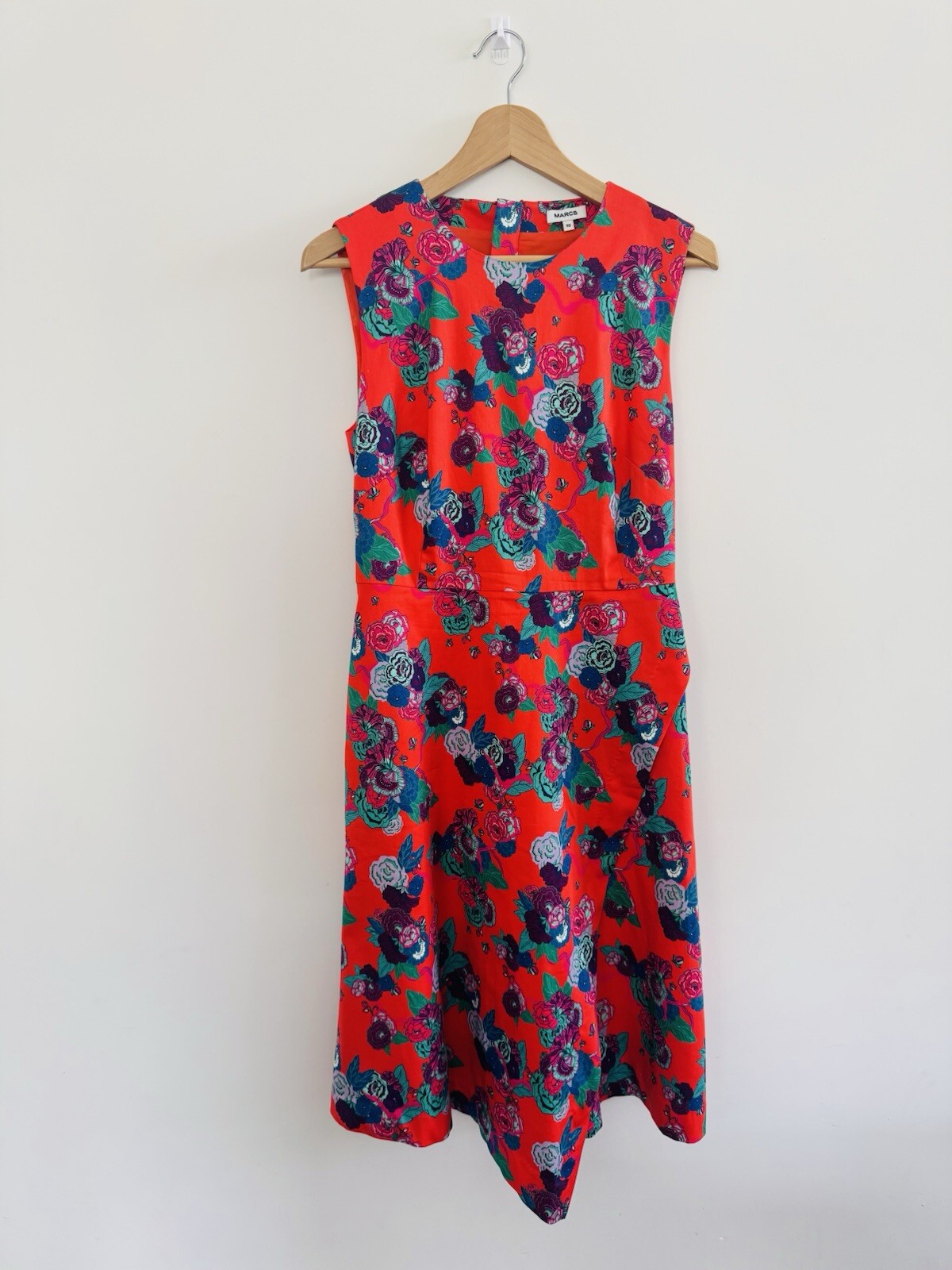 MARCS Midi Dress Size 10 Red Floral Cotton Blend Sleeveless Pockets Lined Slit