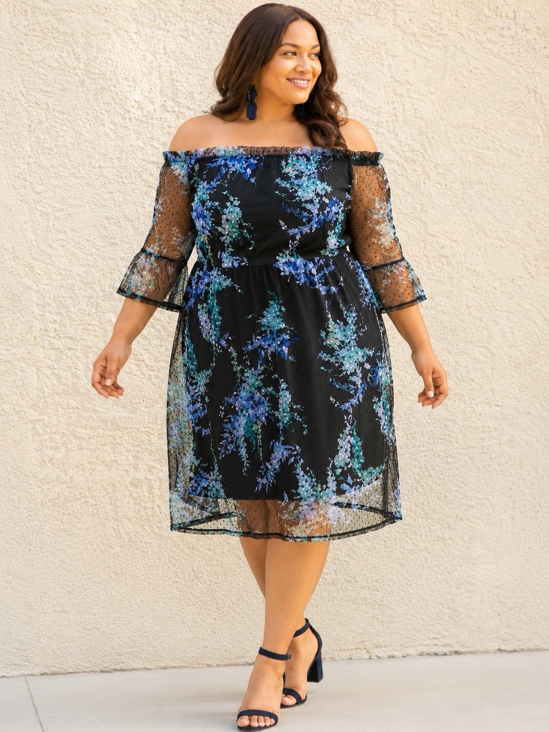 Worthington Black Floral Mesh Off Shoulder Dress 20 Wedding Guest Date Romantic