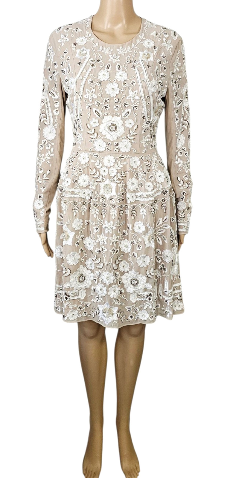 NEEDLE & THREAD Snowdrop Ivory Beige Floral Embellished Long Sleeve Mini Dress 8