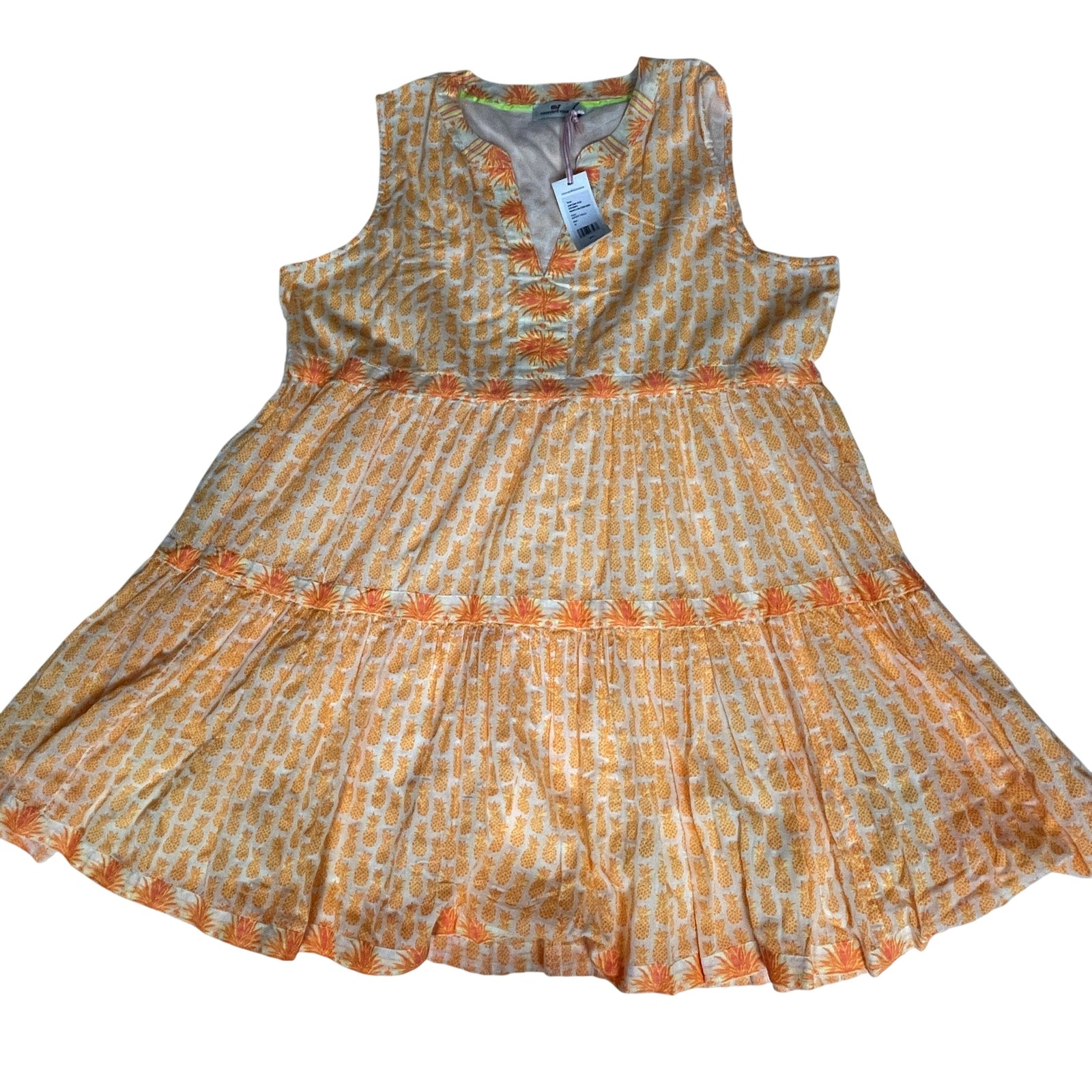Vineyard Vines Dress Womens XL Safety Yellow Pineapple Print Tiered 2Q010887