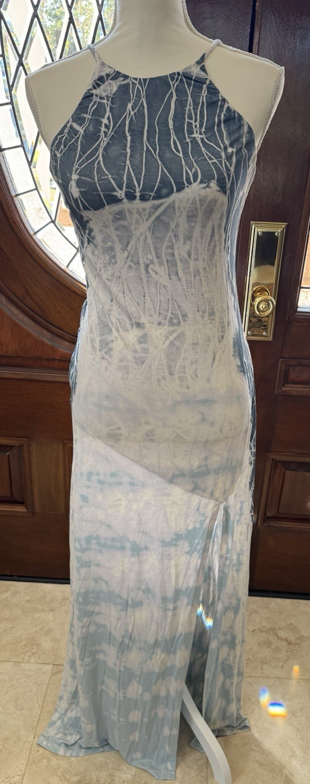 Gypsy 05 Women’s Tie-Dye Halter Slit Maxi Dress Size S Low back Y2K Gray/blue