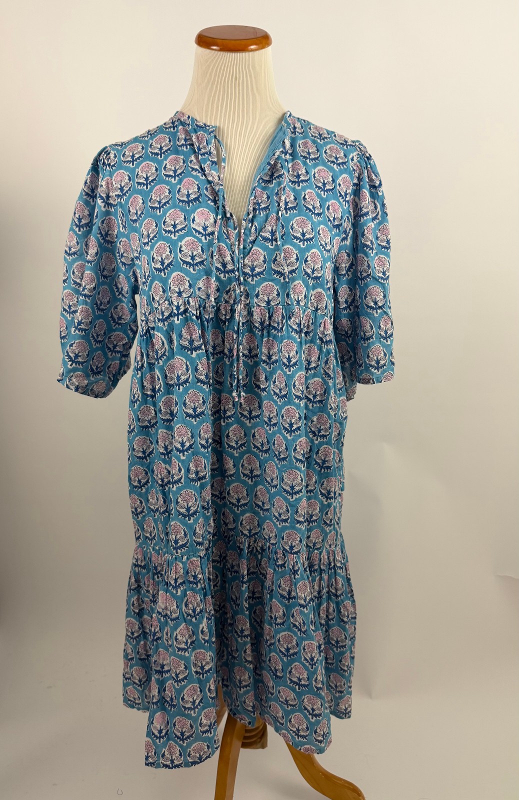 Emerson Fry India Collection Isla Dress Organic Cotton Blue Block Print M/L