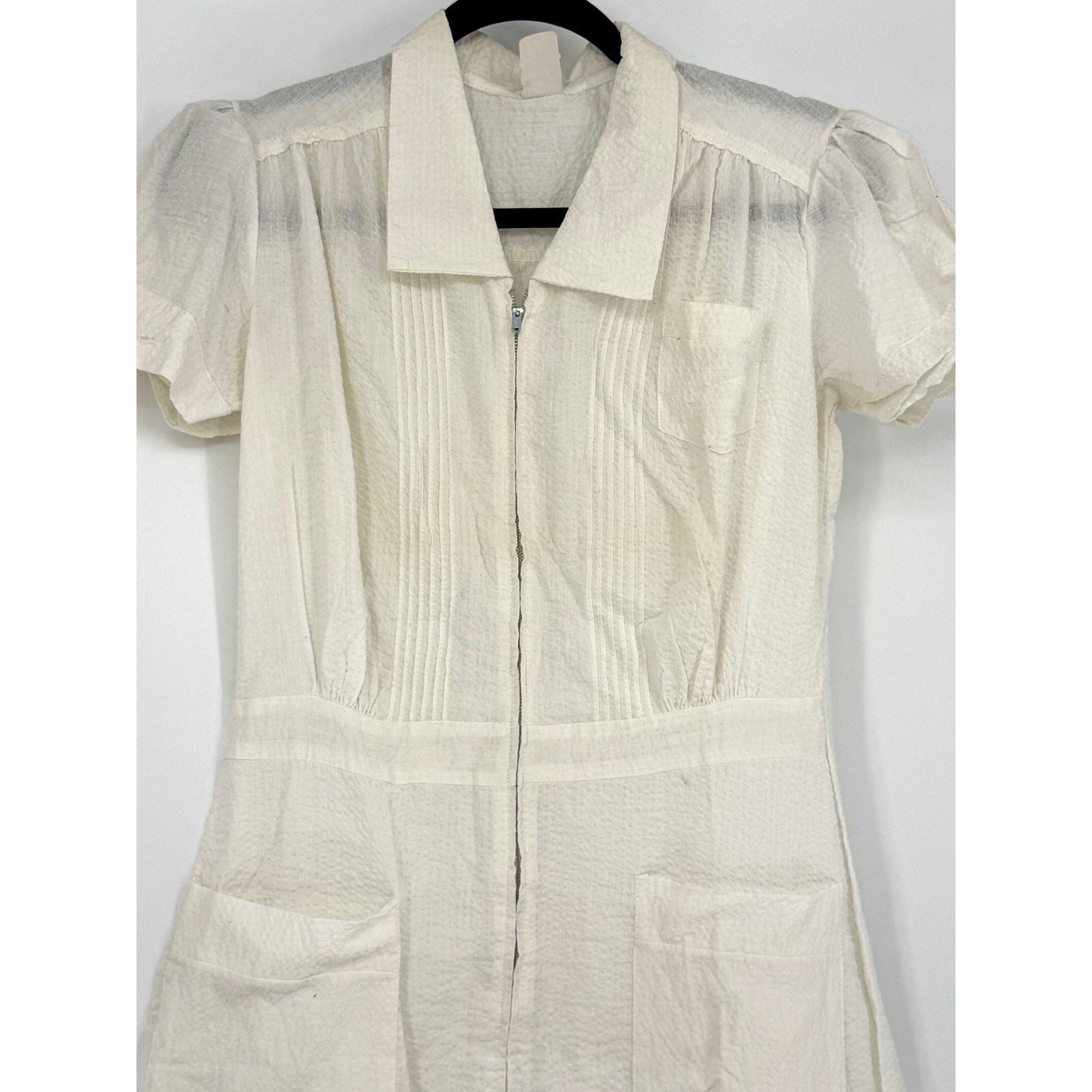vtg 1940s 50s Linda Lane White Seersucker Uniform Dress Zip Front Pockets Sz 16