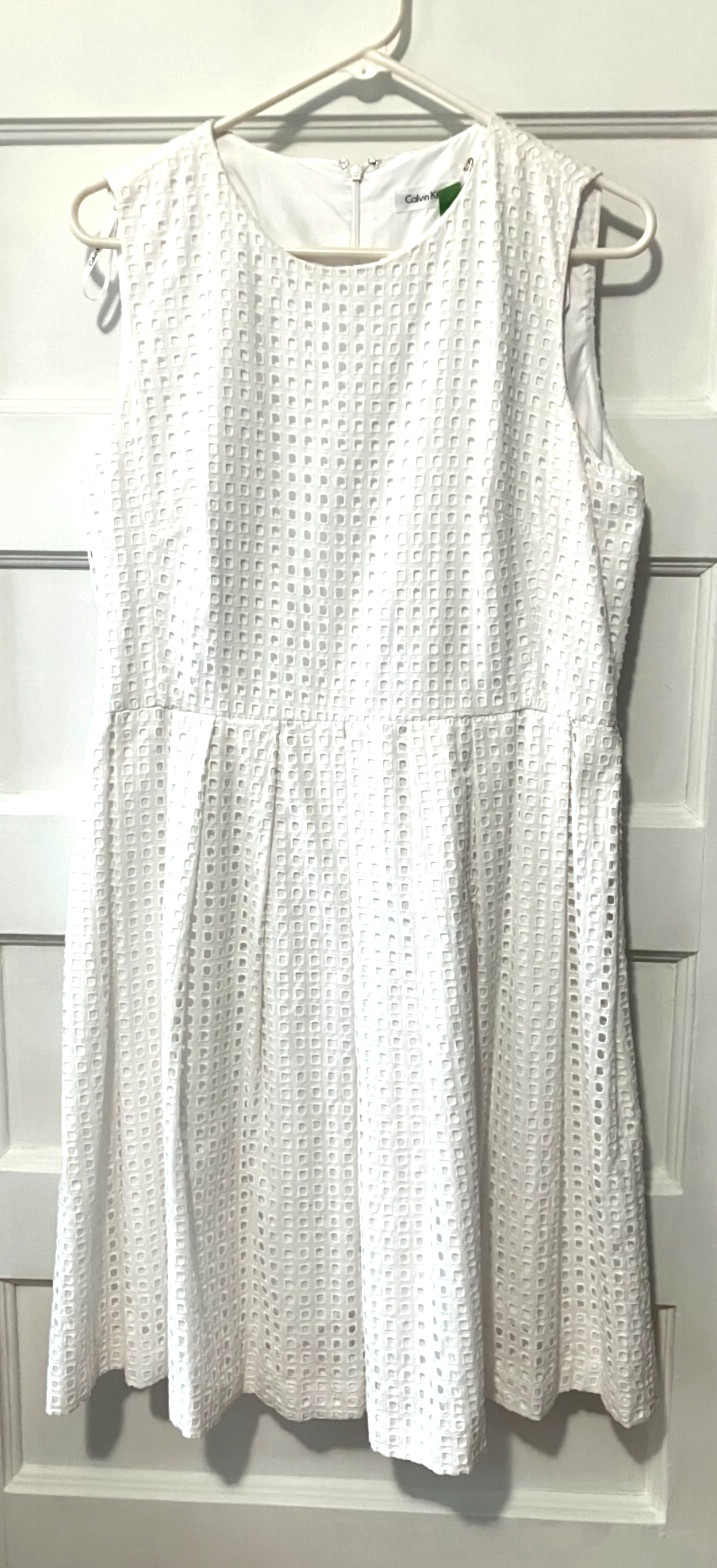 White Dress Size 12 Large Midi Calvin Klein Pleated Cotton Lined Eyelet