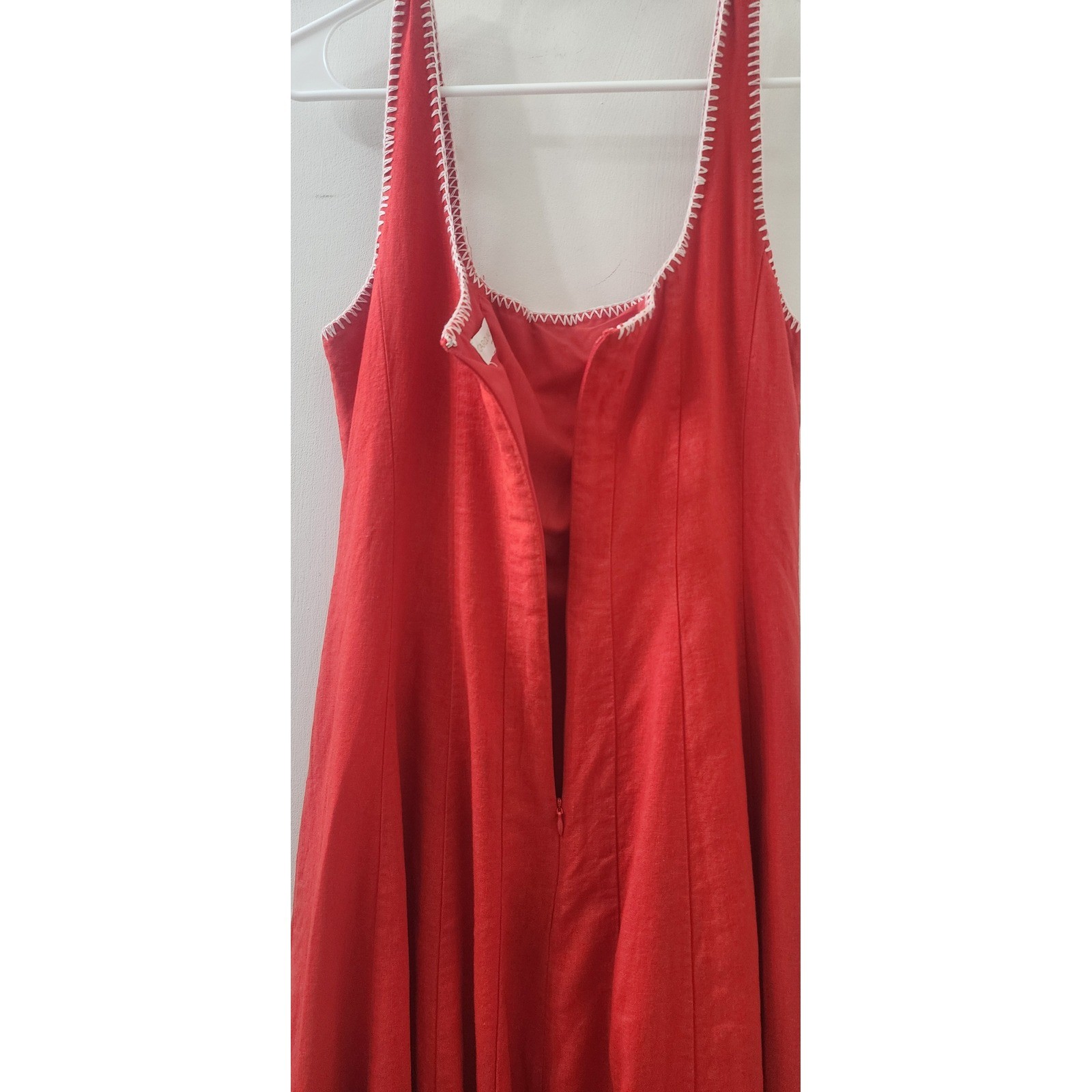 Caroline Constas Red Linen Blend Blanket Stitch Midi Dress Square Neck Red White