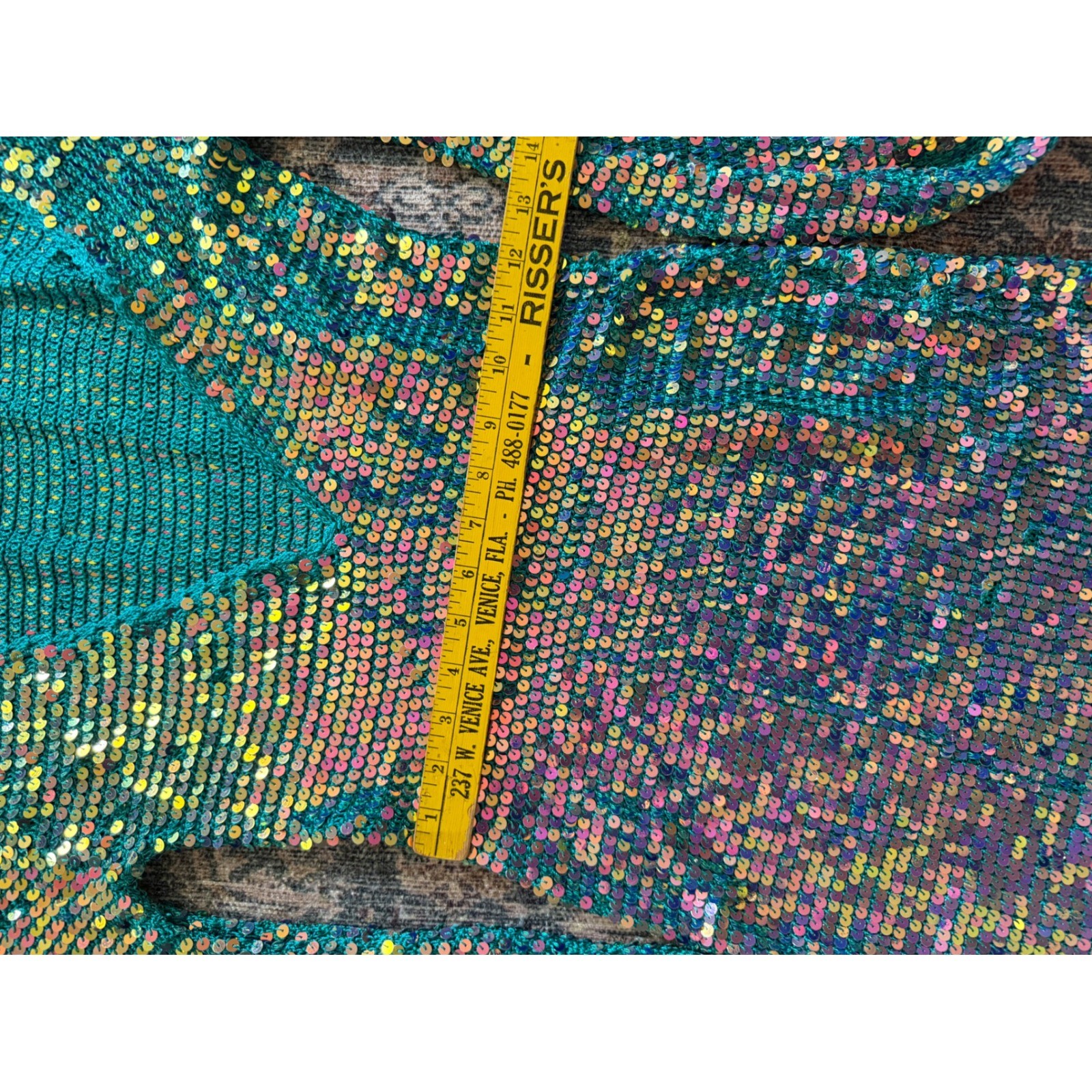 Retrofête Teal Sequin Crochet Mini Dress Open Back Iridescent Green M/L
