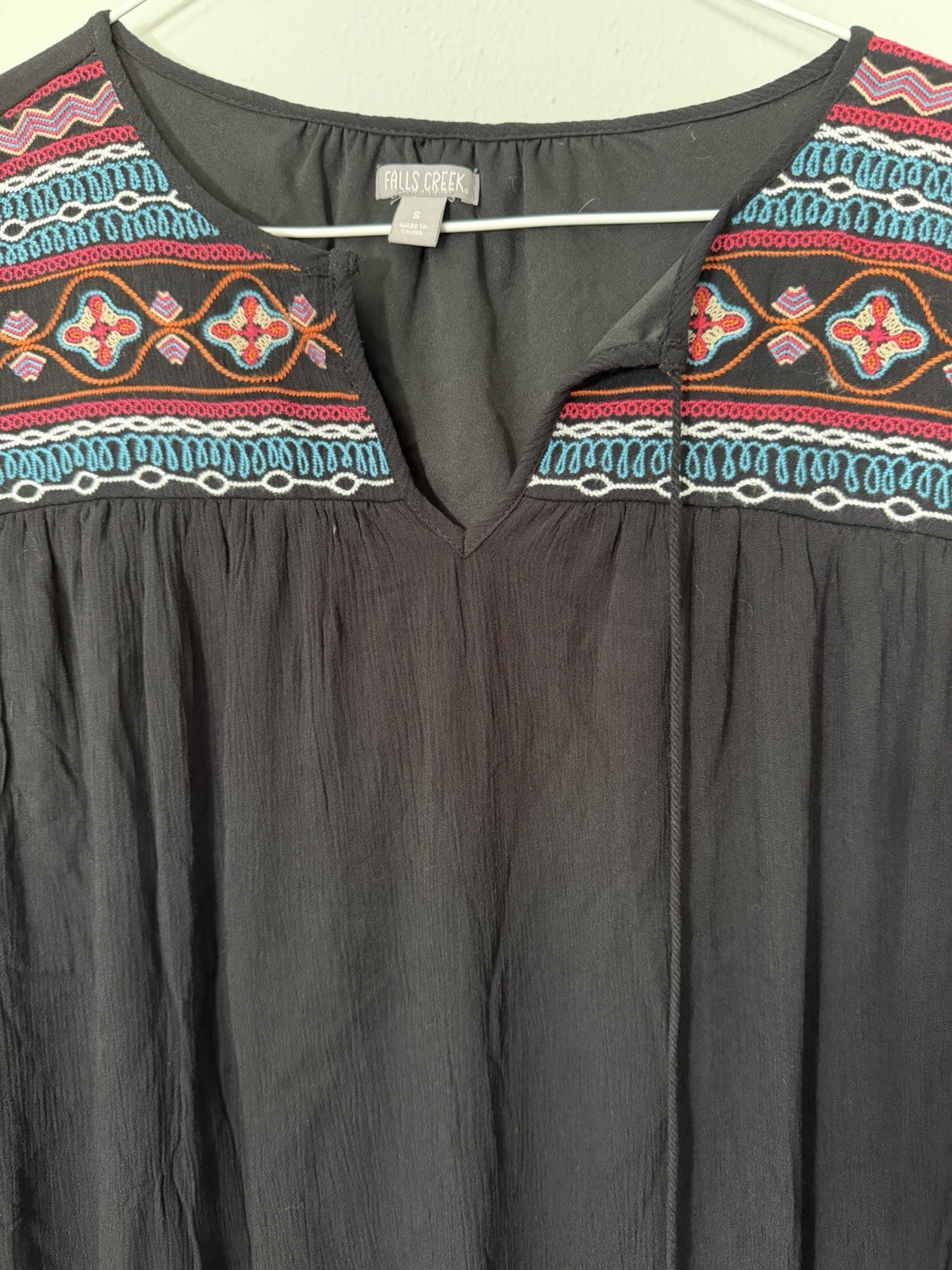 Falls Creek Black Geometric Boho V-Neck 3/4 Sleeve Embroidered Mini Dress S