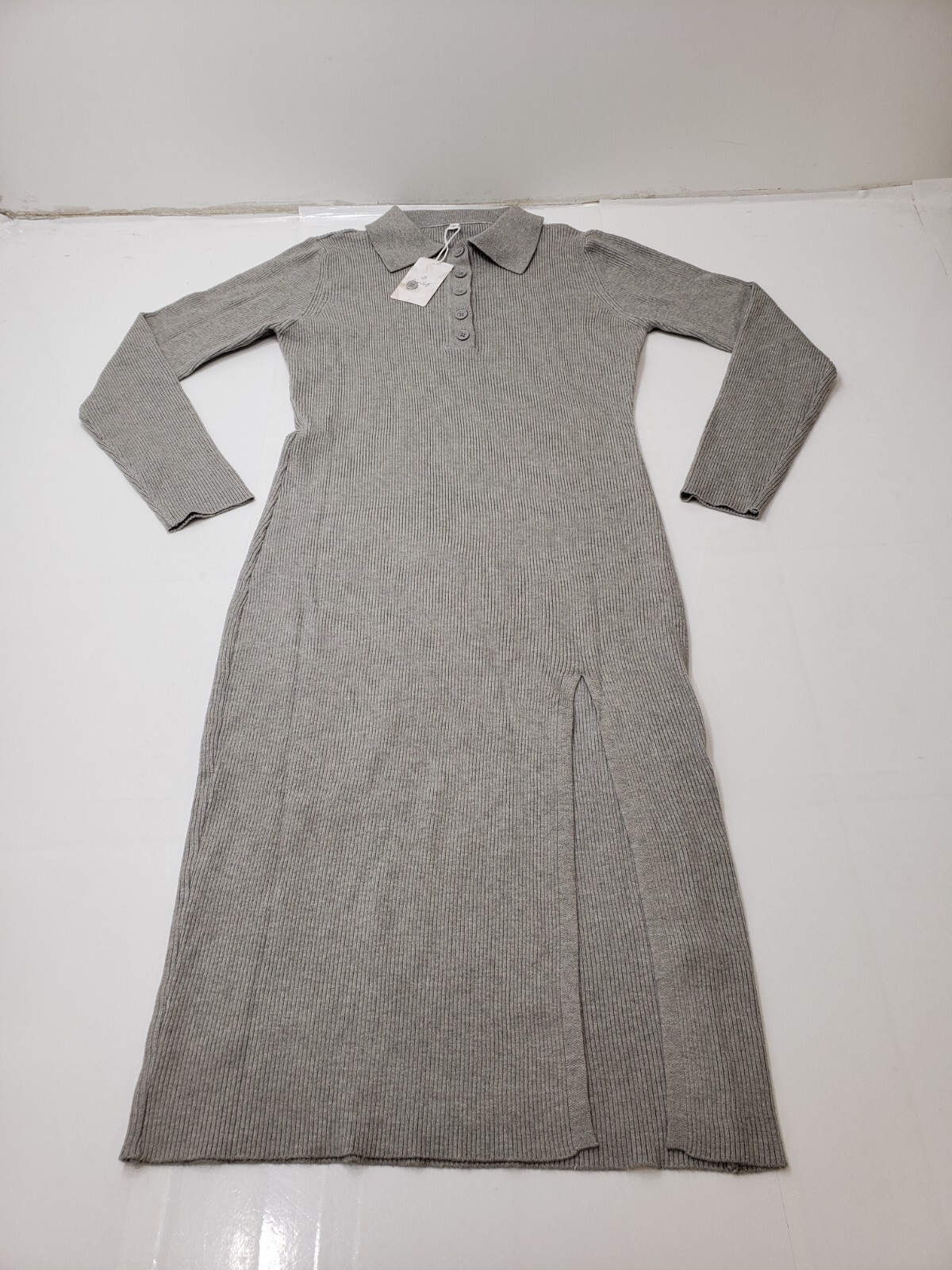 Deep Self Womens Dress Long Sleeve 1/4 Button Collared Stretch Ribbed Grey M