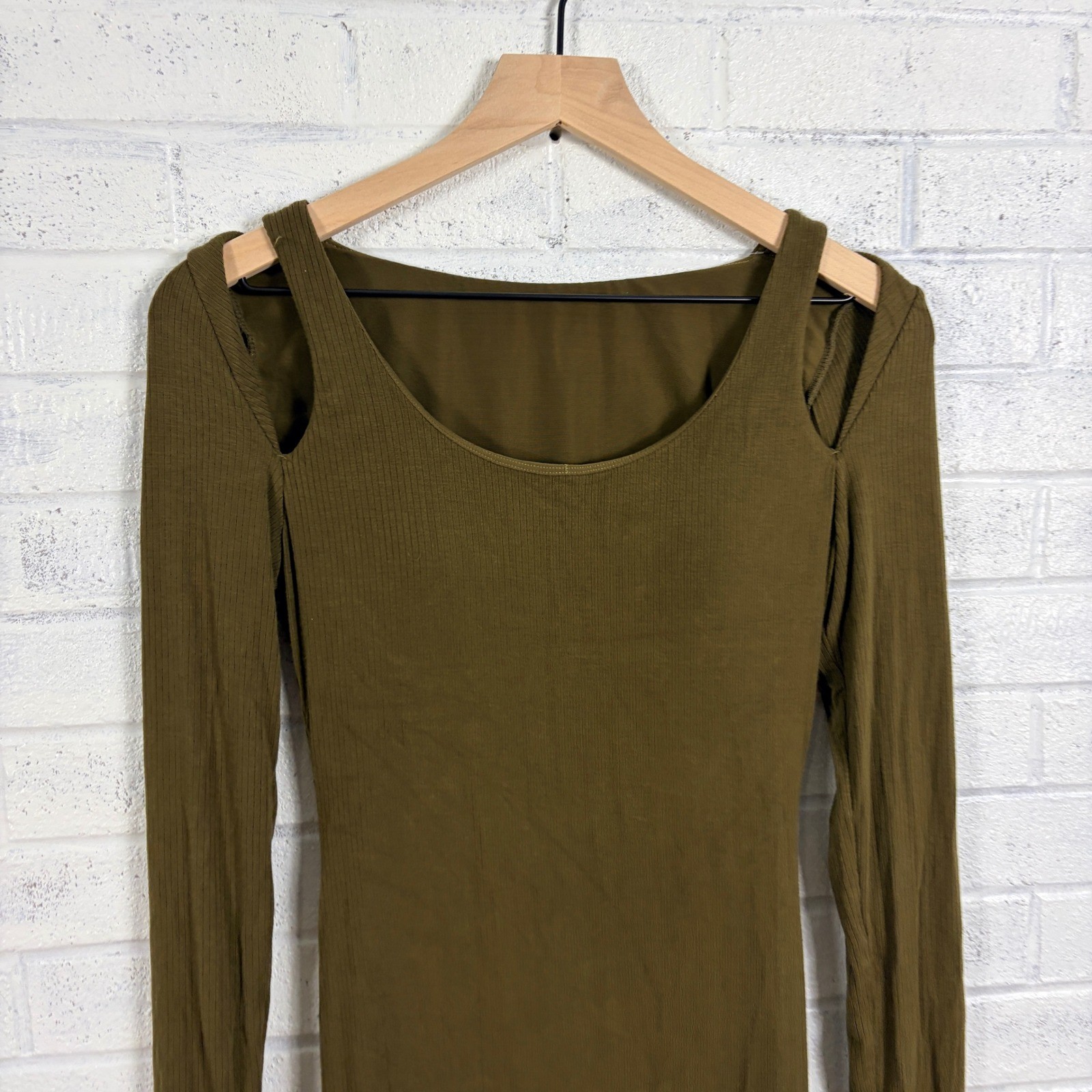 Shapellx Ribbed Maxi Dress Womens M Olive Green Cold Shoulder Shapewear