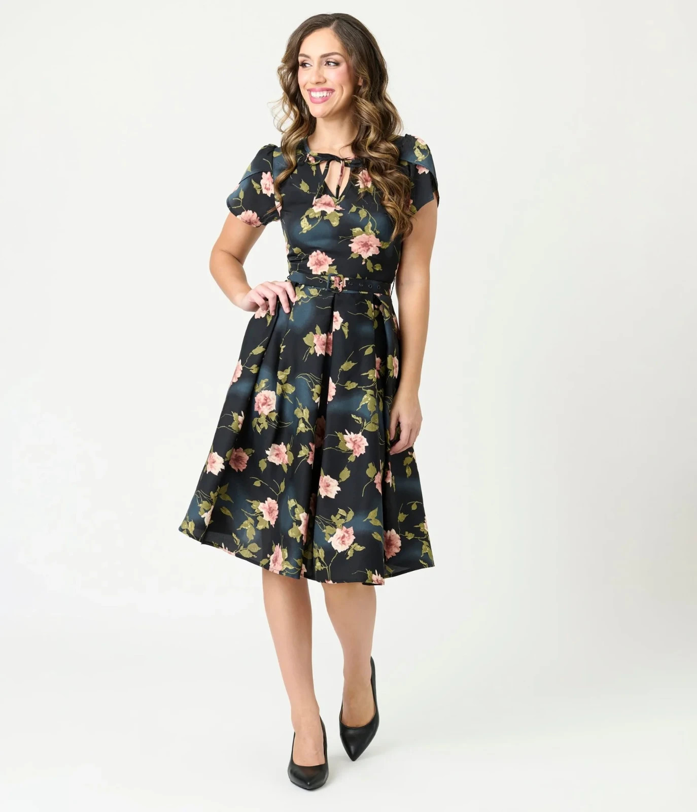 Unique Vintage Dahlia Black Pink Floral Swing Dress XL 1940s Retro Belted Pocket