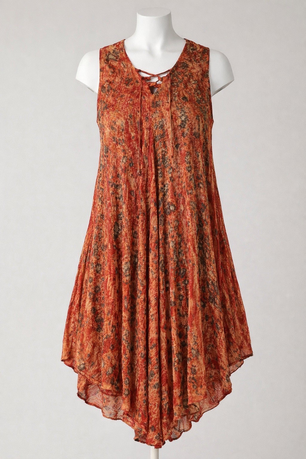 Cute Options Boho Batik Dress OS Rust Orange Flowy Handkerchief Hem Festival