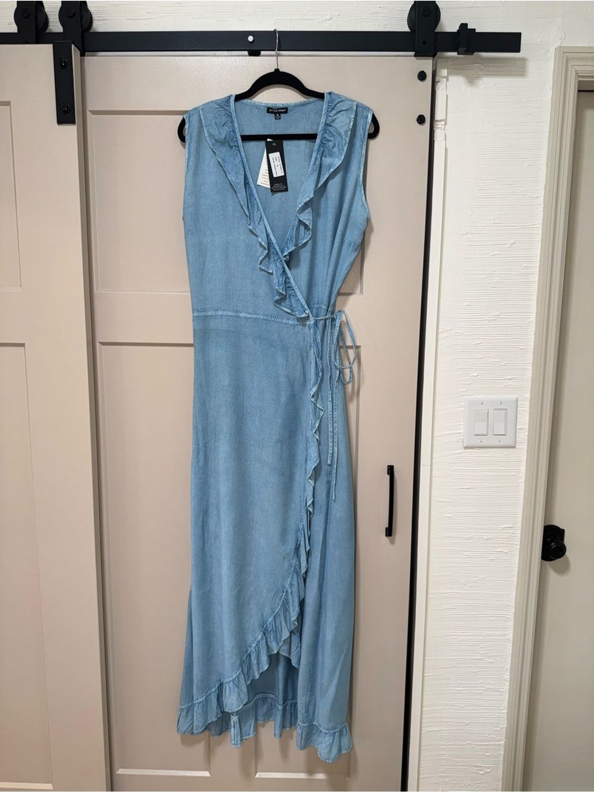 Wrap Ruffle Maxi Dress XL NWT Blue Denim Chambray Look Style Envy